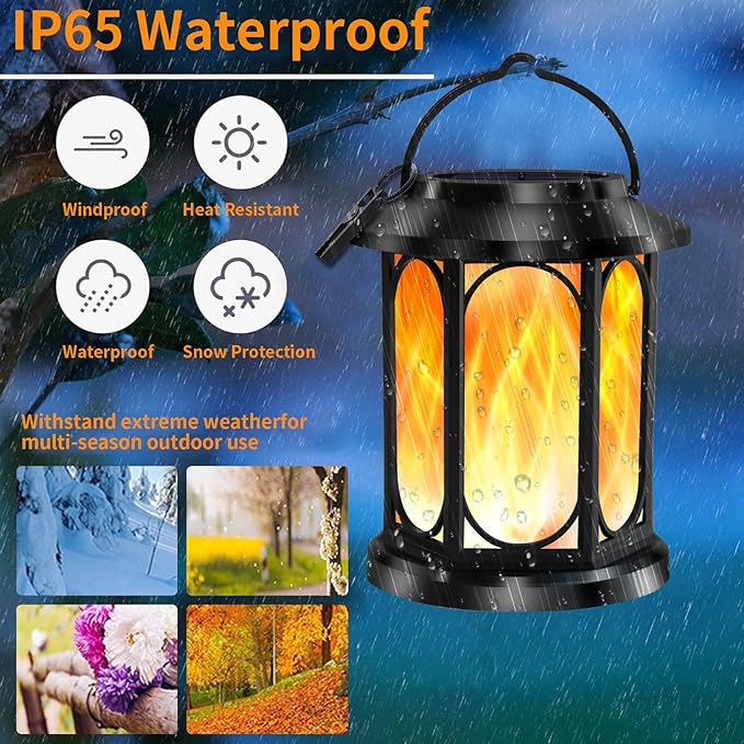 Solar Outdoor Lanterns Light Flickering Flame, Waterproof Outdoor Lanterns for Halloween Patio Garden Yard Deck Pathway, 4 Pack