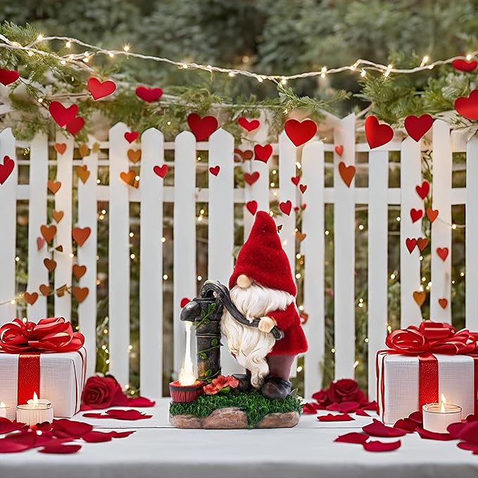 TERESA'S COLLECTIONS Resin Garden Gnomes Decor with Solar Lights, Red Outdoor Decorations for Porch Patio, Gifts for Women and Men，Outdoor Garden Decor Ornaments for Outside, 9"