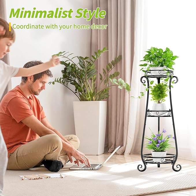 KMOTASUO 3 Tier Metal Plant Stand Indoor, 34 Inch Tall Corner Plant Stands for Indoor Plants, Flower Pot Holder Shelf Display Rack for Balcony Garden Patio Living Room(Black)