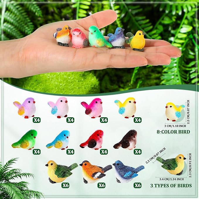 Wenqik 50 Pcs Mini Resin Bird Figurines Miniature Small Birds Figurines Realistic Animal for Fairy Terrarium Craft Garden Accessories Home Ornament Micro Landscape Birthday Cake Toppers Decor
