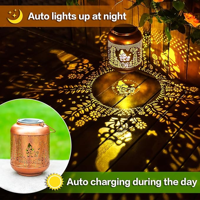 Gnomes Solar Lanterns Outdoor Waterproof Hanging Solar Lights Gnomes Gifts for Women Men Mom Metal Decorative LED Outdoor Lanterns for Patio, Lawn, Landscape, Garden Decor, Yard Decorations