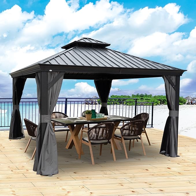 Kozyard Alexander 12' X 12' Aluminum Hardtop Gazebo with Galvanized Steel Double Roof Canopy, Curtain and Netting, Permanent Gazebo Pavilion for Patio, Backyard, Deck, Lawn (Gray)