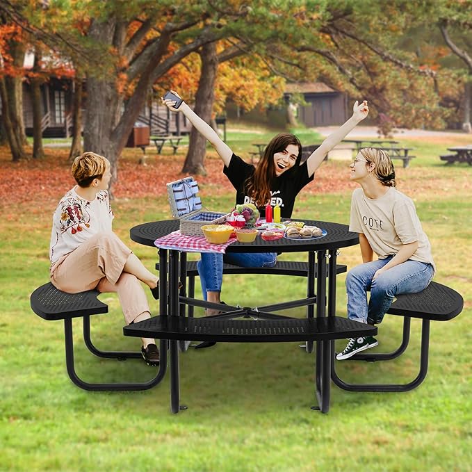 46'' Steel Round Picnic Table for Outdoors, Expanded, Lifetime Picnic Table with Umbrella Hole, Heavy Duty Sturdy Commercial Picnic Tables for Garden Courtyard BBQ, Black