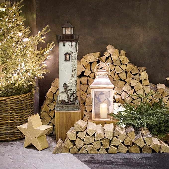 Wooden Lighthouse Decor with Light, Decorative Nautical Lighthouse Nightlight Rustic Ocean Sea Beach Themed Lighthouse Decoration