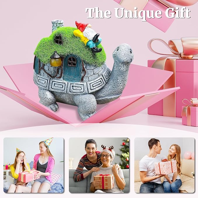 Turtle Solar Light Outdoor Garden Solar Turtle House Light Cute Turtle Garden Statue for Outdoor, Lawn Turtle with Gnome Statues Solar Light, Unique Gifts for Kindred Friend Yard Patio Decor