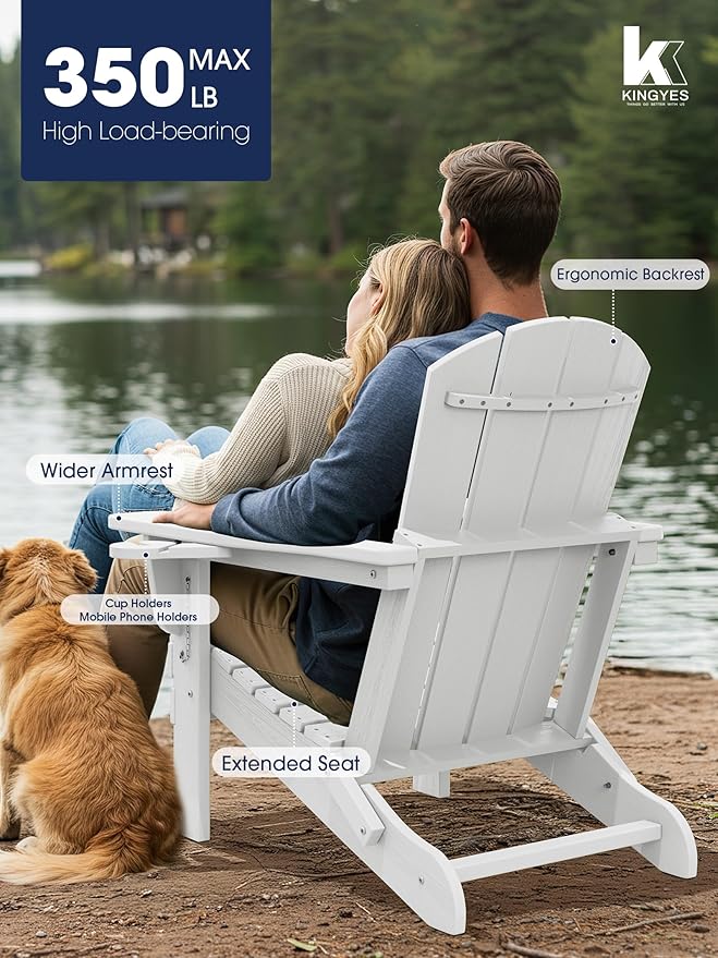 KINGYES Folding Adirondack Chair Set of 8, Dual Cup Holders & All-Weather HDPE, Wood-Like Patio Chair for Backyard, Camping, Pool & Fire Pit, White