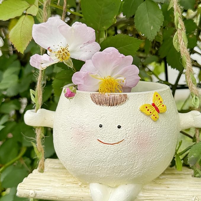 SUQ I OME Hanging Baby face Planter Pot with Butterfly Decorations,Indoor and Outdoor Resin Hanging Pot Decor