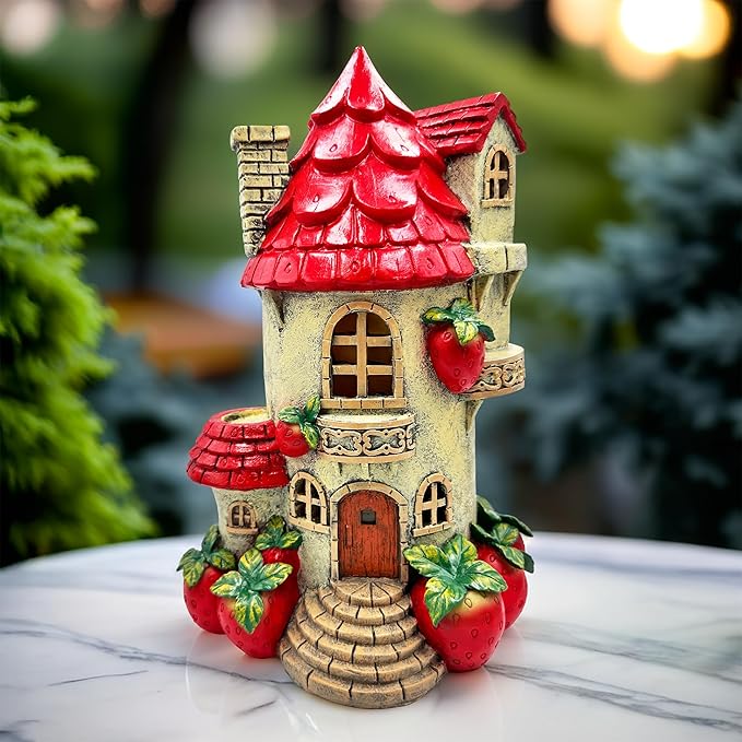 Spring & Summer-Themed Garden Statues – Adorable Outdoor Decor for Lawn, Patio & Porch (Solar Powered Strawberry Fairy Home Garden Statue, 10" Unique Spring Decoration)