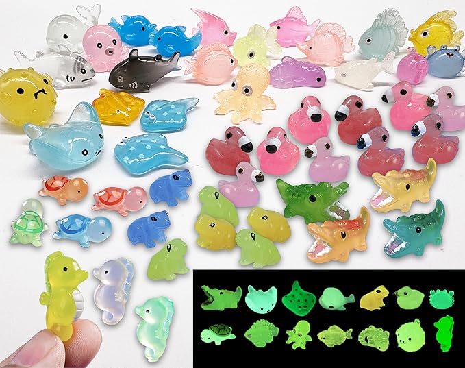 Luminous Mini Resin Ocean Animals 50Pcs Tiny Animals Tiny Turtle Octopus Seahorse Crocodile Dolphin Shark Frog Glow in The Dark for Garden Miniatures Accessories Landscape Aquarium Potted Decoration