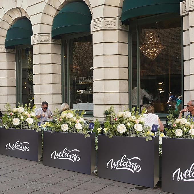 Metal LED Planter Box Rectangular Block - Galvanized Steel Long Planters Box with Solar Light Outdoor All-Weather Use with Drainage Holes for Cafe Bar Mall Store Patio/Porch/Entrance, 35.5×24×12IN