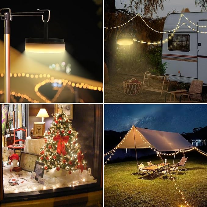 Solar Camping String Lights, 39.4FT Portable Waterproof Camping Light with 8 Lighting Modes, Solar Powered and USB Rechargeable Tent Lantern with Remote Control for Camping, Yard, Garden and Hiking
