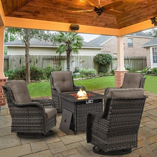 5 Pieces Patio Wicker Furniture Set - 4 Outdoor Swivel Rocker Glider Chairs with Propane Fire Pit Table, Patio Conversation Set Grey Cushion Perfect for Casual Gathering