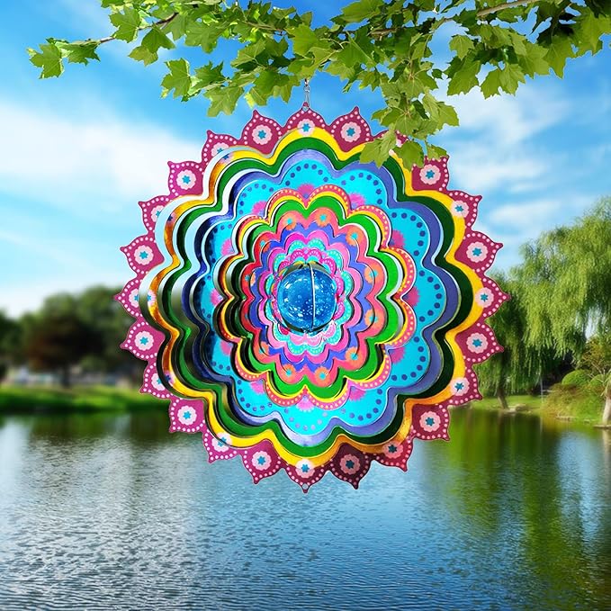 FONMY Mandala Wind Spinner w/Crystal Ball Peacock- 3D Stainless Steel Hanging Spinners Worth Gift Christmas Decoration Indoor/Outdoor Garden Décor Kinetic Yard Art 12 Inches Wind Sculpture