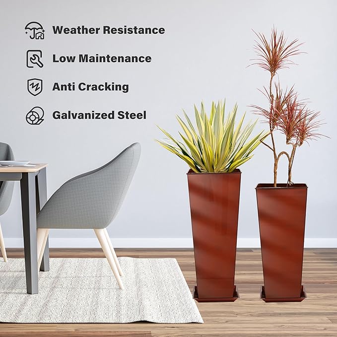 KOL 25'' & 28'' Tall Galvanized Steel Metal Glazed Planter with Insert, Set of 2, Metal Planter Pots for Indoor & Outdoor Use, Decorative Flower Plant Pots for Front Porch, Patio, Deck - Brown
