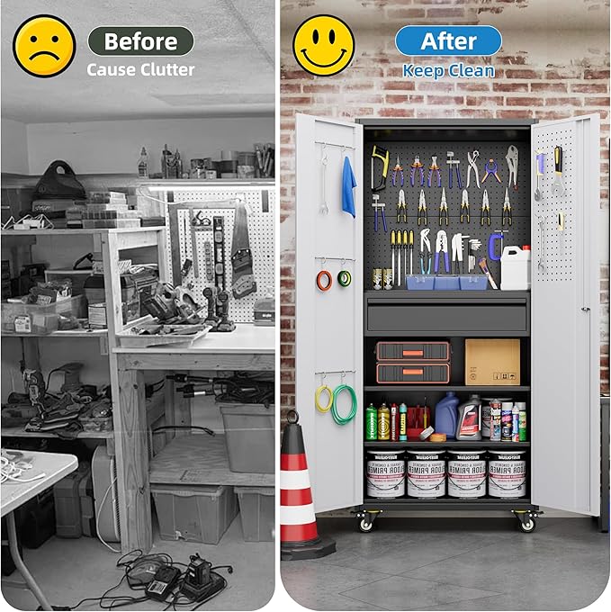 Metal Garage Cabinet with Wheels,71''H Rolling Lockable Steel Tool Storage Cabinet with Pegboard &1 Drawer for Garage,Home,Office,Black Gray, Assembly Required