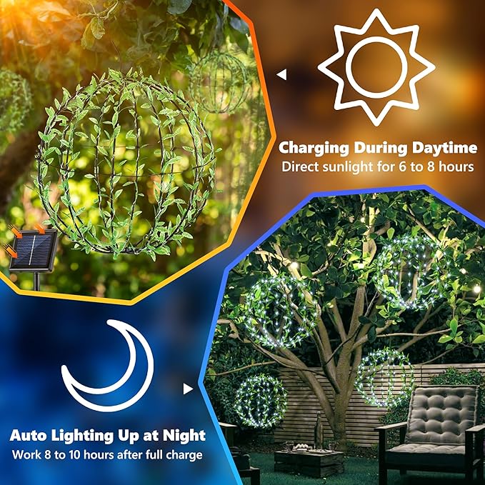 Solar Powered Hanging Iron Sphere Lights with Artificial Greenery – 12Inch 120 LED Waterproof Outdoor Decor Ball Light with Timer & 8 Modes – 2 Pack for Garden, Christmas, Weddings (Cool White)