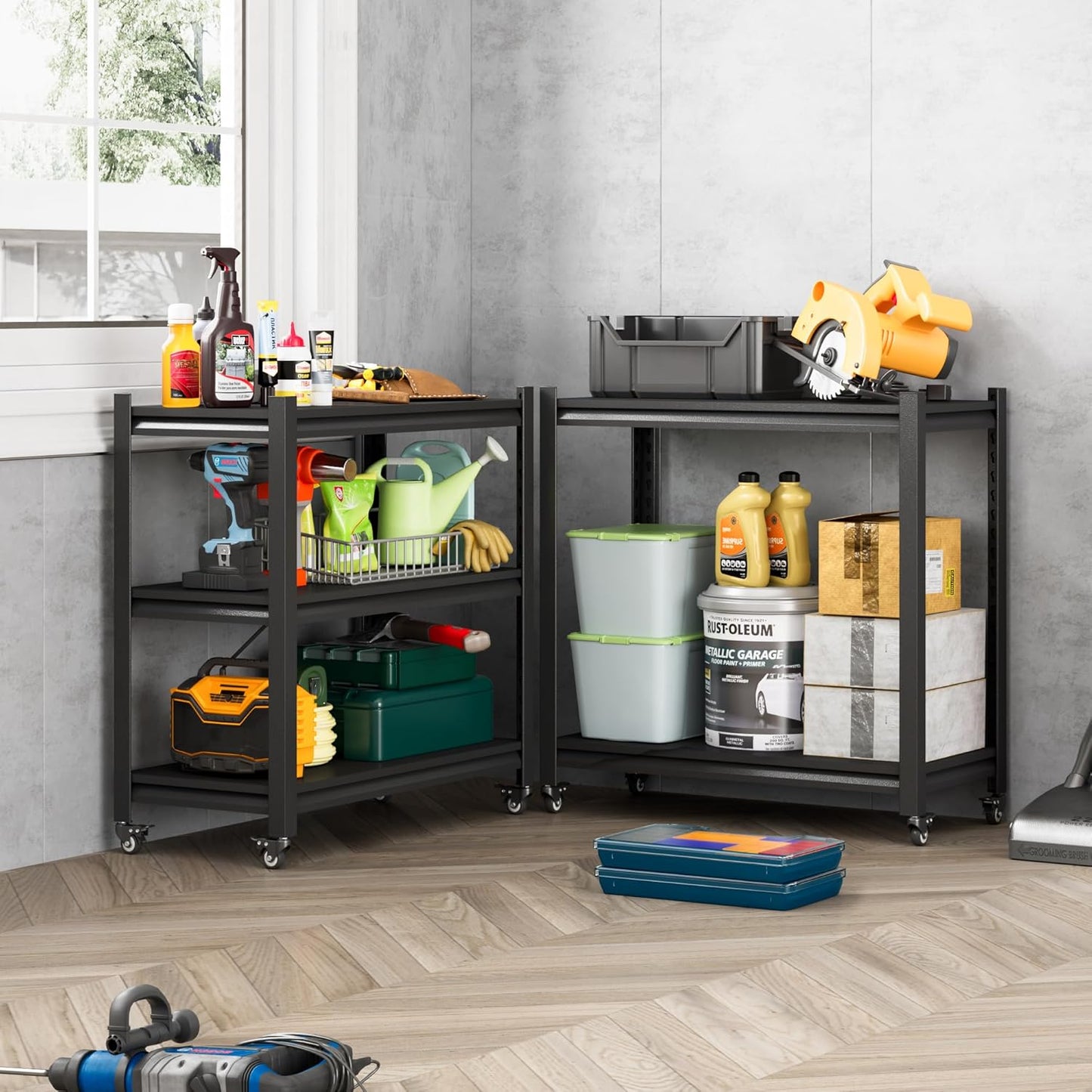 Workbench on Wheels, Adjustable Heavy Duty Work Table with Wheels, Heavy Duty Workstation, Metal Tool Work Bench for Garage Warehouse Workshop, 32" H x 18" D x 34" W