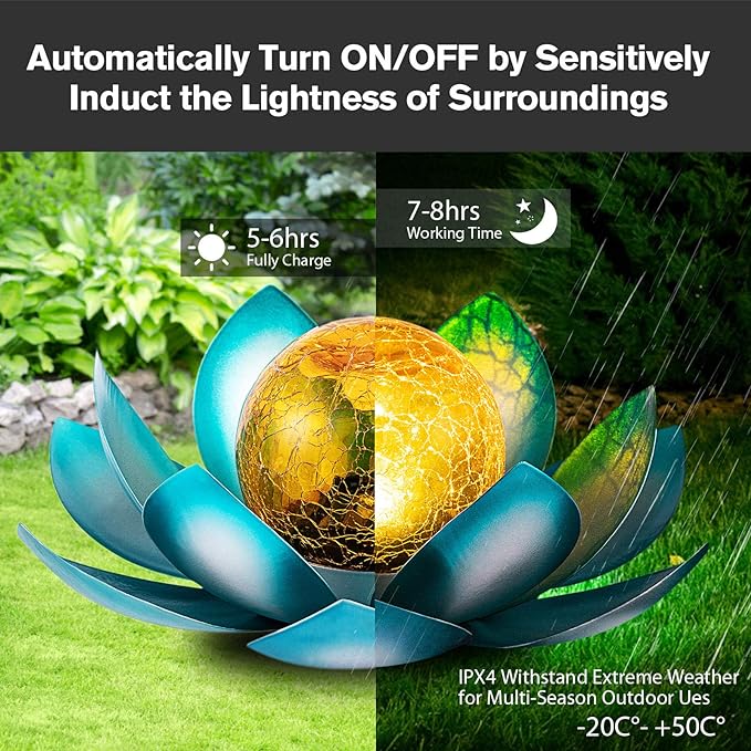 Huaxu Solar Light Outdoor Garden Decor Blue Metal Crackle Globe Glass Waterproof LED Lotus Flower Table Lamp Decorations for Patio Yard Porch Pathway Ground