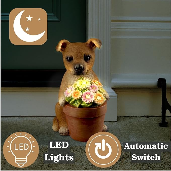 Muldale Solar Dog Statues Outdoor - Solar Powered Outdoor Dog Garden Statue - Hand Painted Floral Plant Pot Light Up
