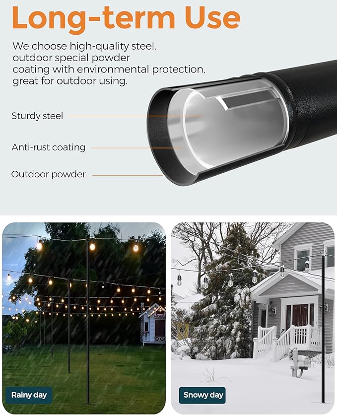LAND·VOI Metal String Light Poles for Outside Hanging - Backyard, Garden, Patio, 2 Pack Lighting Stand with Adjustable Height for Outdoor Parties, Wedding, Extra-Long 5-Prong Claws, (9.6FT) FLP02B