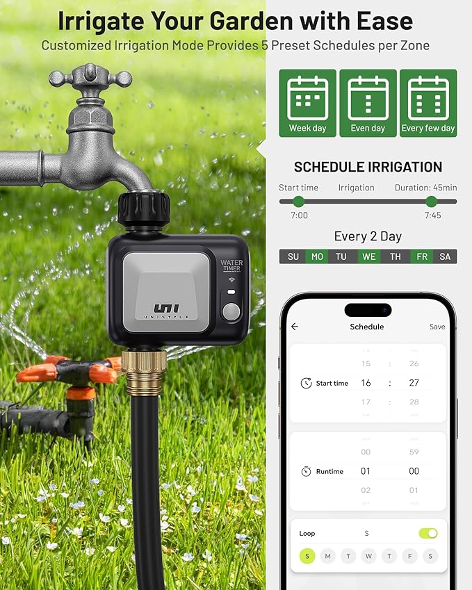 WiFi Sprinkler Timer, Unistyle Programmable Smart Water Timer, WiFi Irrigation Controller with Rain Delay/Auto Mode/Manual, Outdoor Hose Timer for Lawns, Yards and Garden