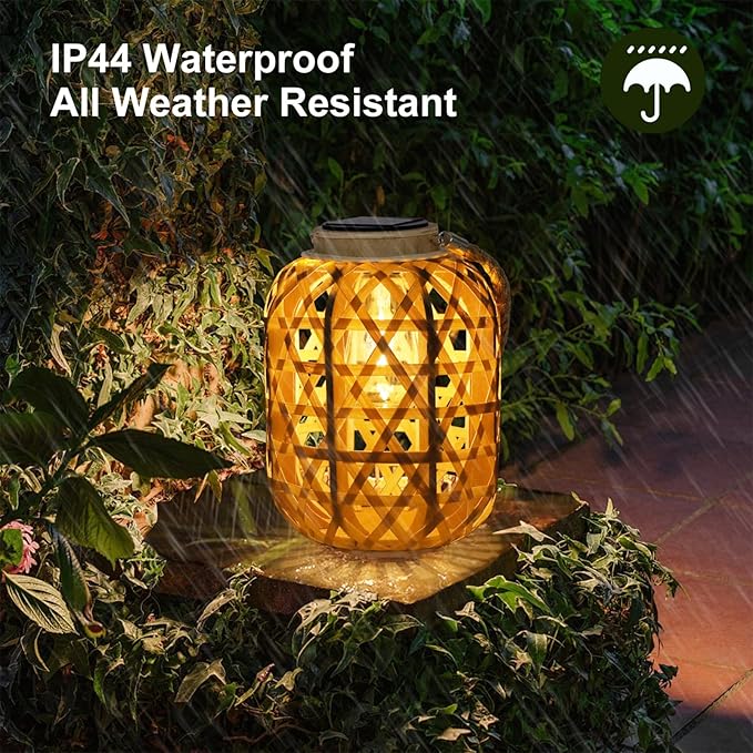 Solar Rattan Lantern Outdoor Hanging Lights with Handle, Waterproof Rattan Solar Lantern, Natural Bamboo LED Decorative Garden Lights for Yard, Patio, Wedding, Home Decoration
