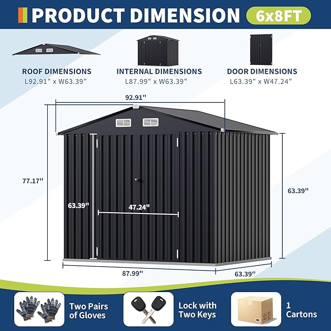 6x8 FT Metal Storage Sheds Outdoor with Floor, Metal Yard Sheds Garden Shed Kit, MetalTool Shed with Lockable Door, Metals UtilitySheds Buildings with Air Vent for Backyard Garden Patio Lawn