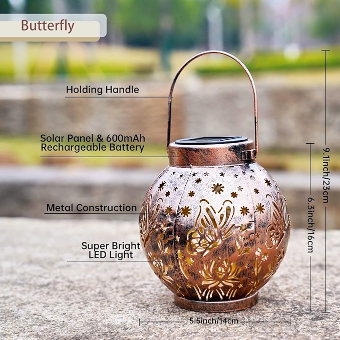 2 Pack Outdoor Solar Hanging Lantern Lights Metal LED Decorative Lamp for Garden Patio Porch Lawn and Table.Unique Gifts for Women Gardening. (Bronze Butterfly)