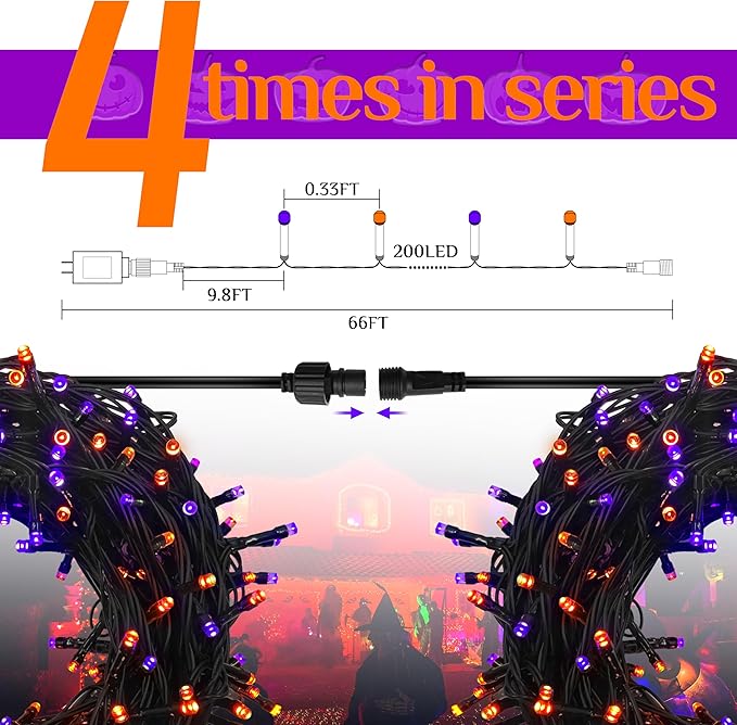Halloween 200 LED String Lights, 72FT Orange and Purple Halloween Lights Outdoor Decorative,11 Modes with Remote Plug in Halloween Indoor Lights for Halloween Yard Party Decorations