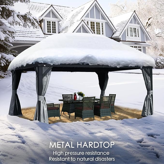 Kozyard Alexander 12' X 16' Hardtop Permanent Aluminum Metal Gazebo with Galvanized Steel Double Roof Canopy, Curtain and Netting Pavilion for Patio, Backyard, Deck, Lawn (Gray)