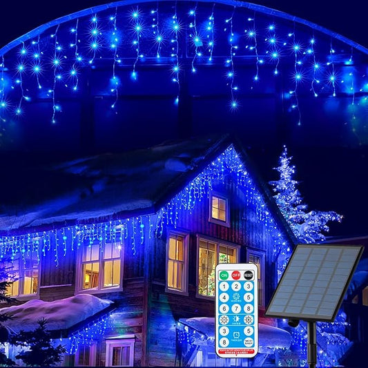 Solar Christmas Lights Outdoor Waterproof Christmas Decorations Curtain Lights 320LED 29.5ft 60 Drops, Solar Powered Rechargeable Fairy Lights for Party, Wedding, Home Decorations(Blue)