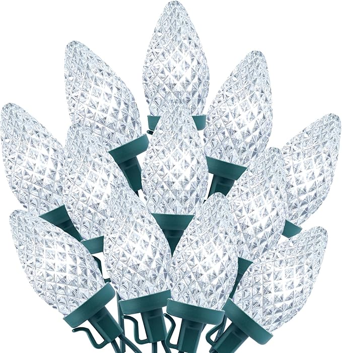 C9 Christmas String Lights White, 66ft 100 LED Faceted Christmas Lights on Green Wire, Large Bulb Strawberry String Lights for House Roof Roofline Christmas Tree Party Outdoor