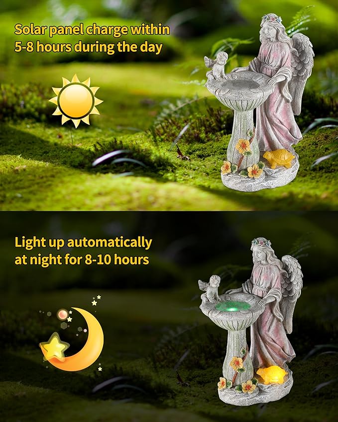 iStatue Solar Angel with Mushroom Bird Bath Statue - 9.5'' Garden Decor for Outside Clearance, Color-Changing Lights Lawn Ornaments Baby Turtle Figurine for Yard Patio, Balcony Gifts (Angel)