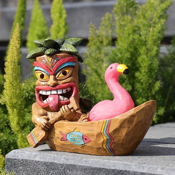 Solar Tiki Statue Outdoor Decor-Tiki Bar Decor -Outdoor Tiki Statue Decoration for Garden,Lawn,Balcony,Yard,Tiki Flamingos Boating Hawaiian Tropical Decor Figurine Gift