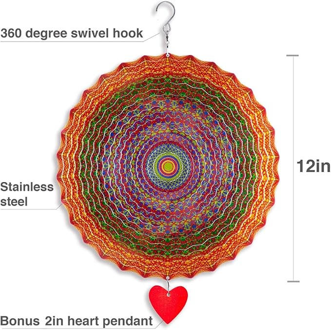 SteadyDoggie 12-Inch Wind Spinner Mandala Thangka - 3D Stainless Steel Laser Cut Metal Art - Reflective Geometric Pattern Kinetic Yard Decoration - Hanging Wind Spinners for Indoor and Outdoor Use