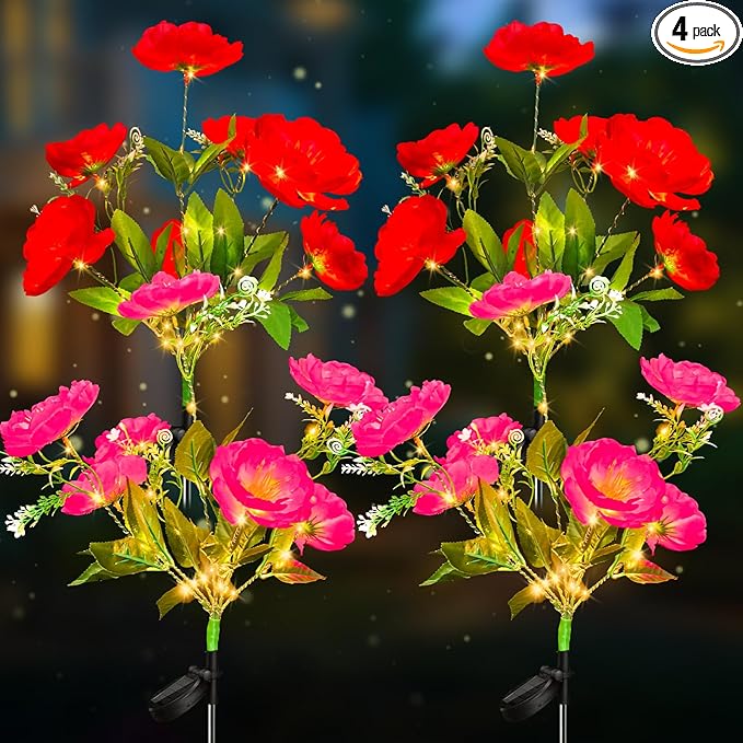 Neporal Solar Flowers Outdoor Waterproof Camellia，4PK 7-Stem Garden Solar Lights Decorative, 2 Decor Lighting Modes, Solar Powered Garden Decor, Solar Yard Decor