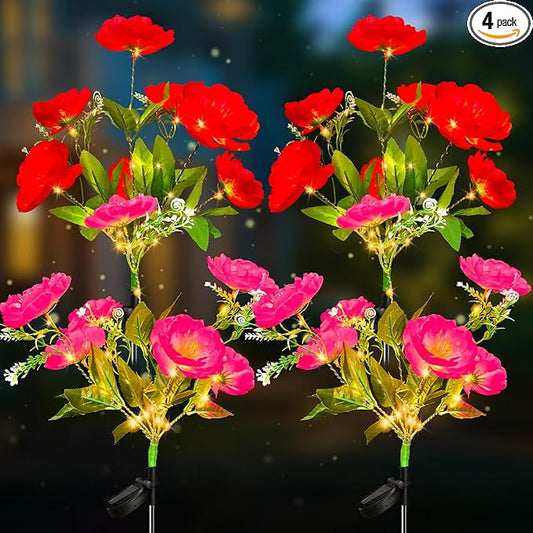 Neporal Solar Flowers Outdoor Waterproof Camellia，4PK 7-Stem Garden Solar Lights Decorative, 2 Decor Lighting Modes, Solar Powered Garden Decor, Solar Yard Decor