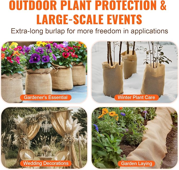 VEVOR Burlap Fabric Roll, 14” x 150 ft High Density Natural Jute Fiber Material for Outdoor Plant Care, Tree Wrap Roll, Decor, DIY Crafts, Wedding, Garden Weed Barrier, Plants & Trees Winter Covering