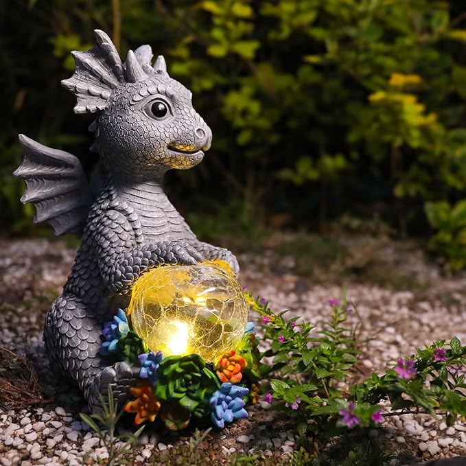 Garden Dragon Statue Outdoor Decor, Large Dragon Figurine with Solar Crackle Globe Light Yard Art Decoration Resin Ornament for Indoor Home Outdoor Patio Lawn Gift