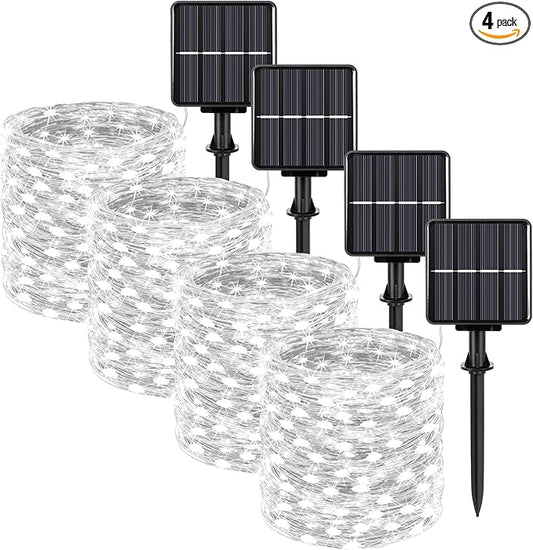 Extra-Long 288FT 800LED Solar Fairy String Lights, 4-Pack 72FT 200 LED Outdoor Twinkle Lights Waterproof 8 Lighting Modes Cool White Silver Wire Lights for Deck Backyard Tree Garden Fence Pool Party