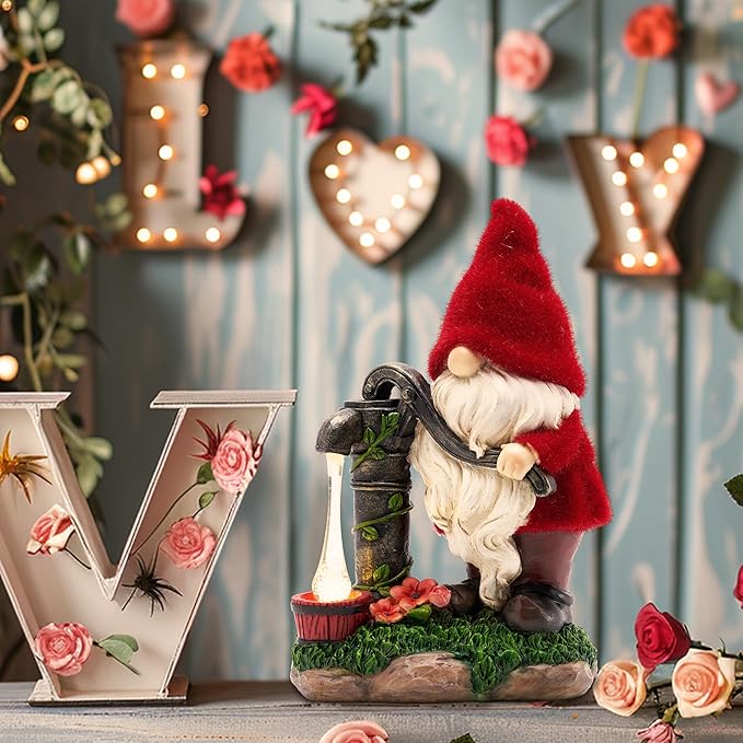 TERESA'S COLLECTIONS Resin Garden Gnomes Decor with Solar Lights, Red Outdoor Decorations for Porch Patio, Gifts for Women and Men，Outdoor Garden Decor Ornaments for Outside, 9"