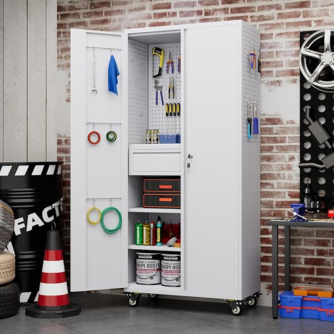 Metal Garage Cabinet with Wheels,71''H Rolling Lockable Steel Tool Cabinet with Pegboard & Drawer for Garage,Home,Office Assembly Required,White