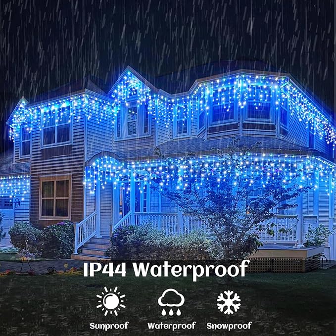 66ft Icicle Lights for Outside, Blue and White Christmas Lights Outdoor Indoor, 640 LED Twinkle String Light with 120 Drops Short Curtain Lights for Thanksgiving Room Home Wall Bedroom Window Decor
