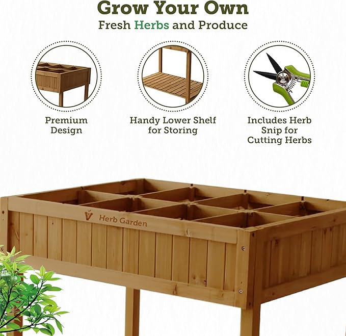 VegTrug 8 Pocket Garden, Wooden Planter with Herb Snips, Natural