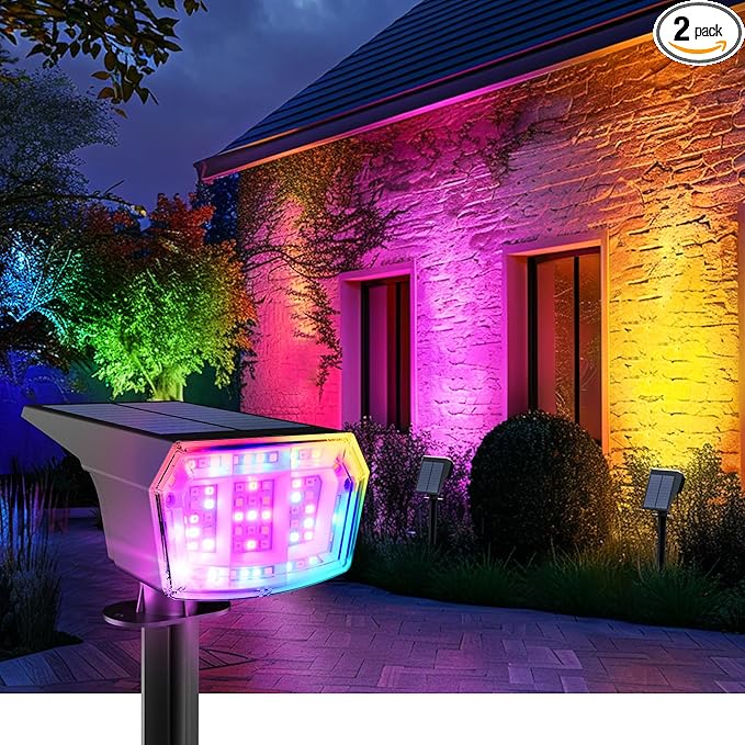 Color Changing Solar Spot Lights Outdoor, 9 Lighting Modes Colored Solar Lights Outdoor RGB, Color Solar Lights Waterproof IP65, Landscape Spotlights for Halloween Christmas Decorations