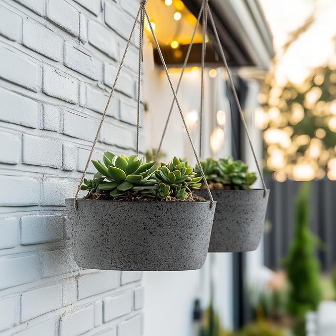 La Jolie Maison Large Hanging Planters - 12 Inch Outdoor Flower Pots, Rock Gray Hanging Garden Planters Set of 2
