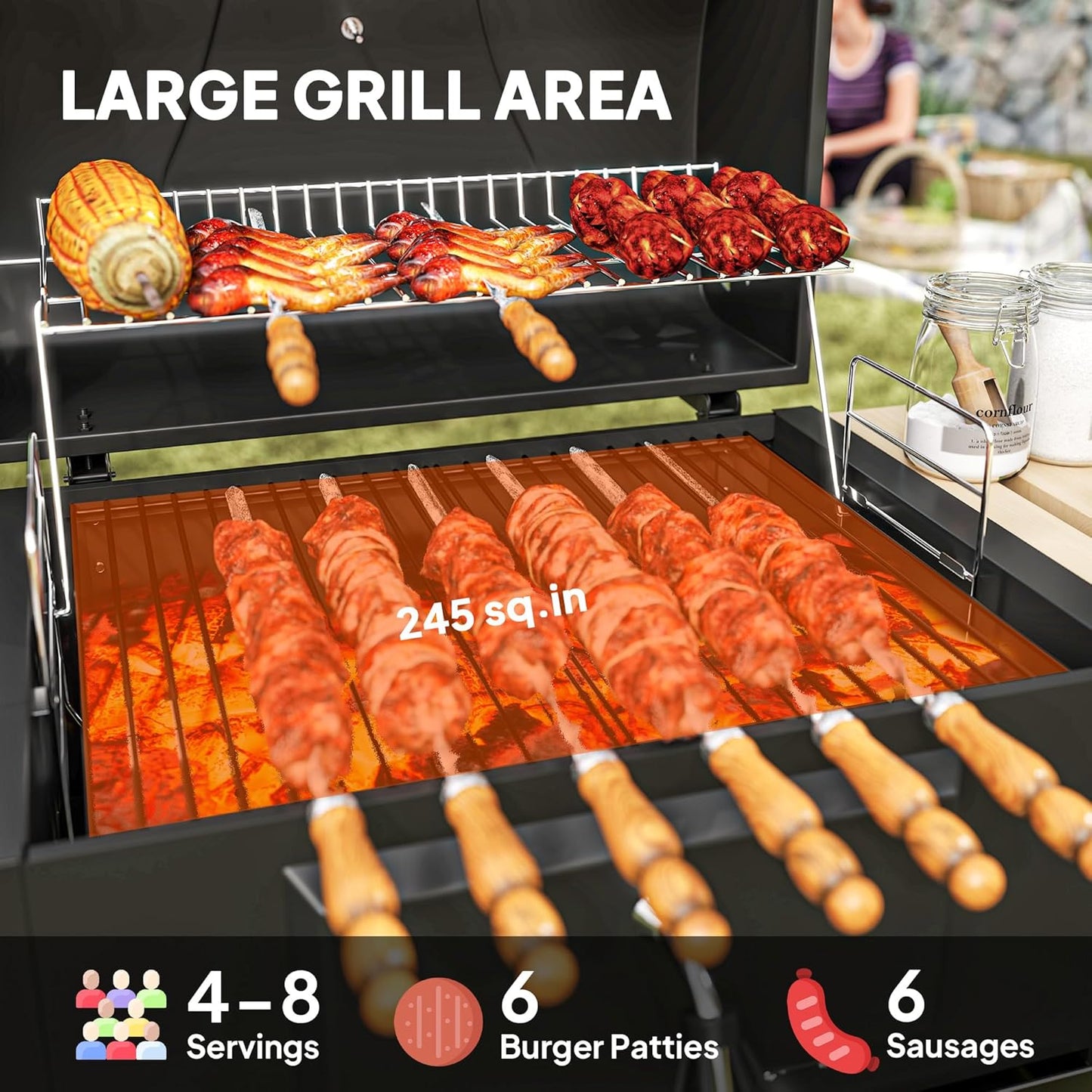 Outsunny Charcoal BBQ Grill with 245 sq. in. Cooking Area, Outdoor Barbecue Grill with Adjustable Charcoal Pan, 3 Shelves, Thermometer, Wheels for Patio, Backyard, Party, Picnic, Black