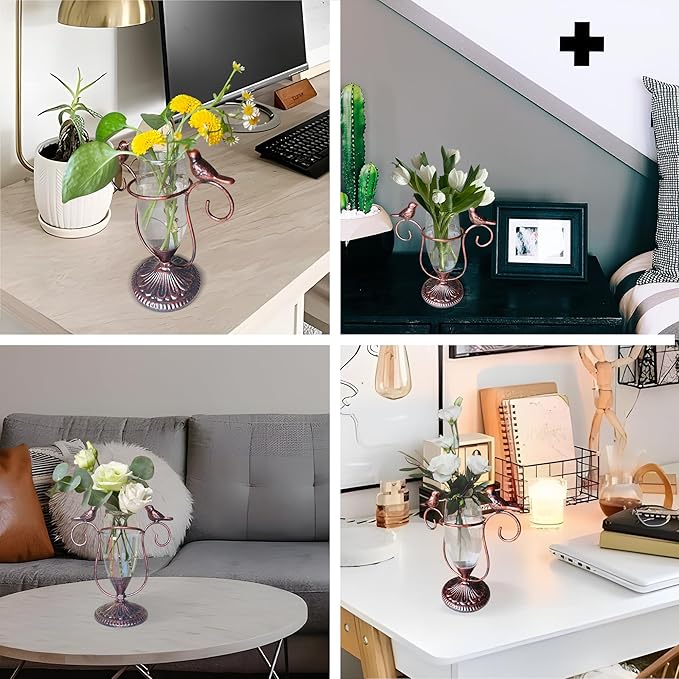 POXOH Vintage Glass Planter - Metal & Glass Propagation Vase with Dual Birds Art, Retro Indoor Planter for Hydroponic Plants, Office Desk Decor, Living Room Centerpiece