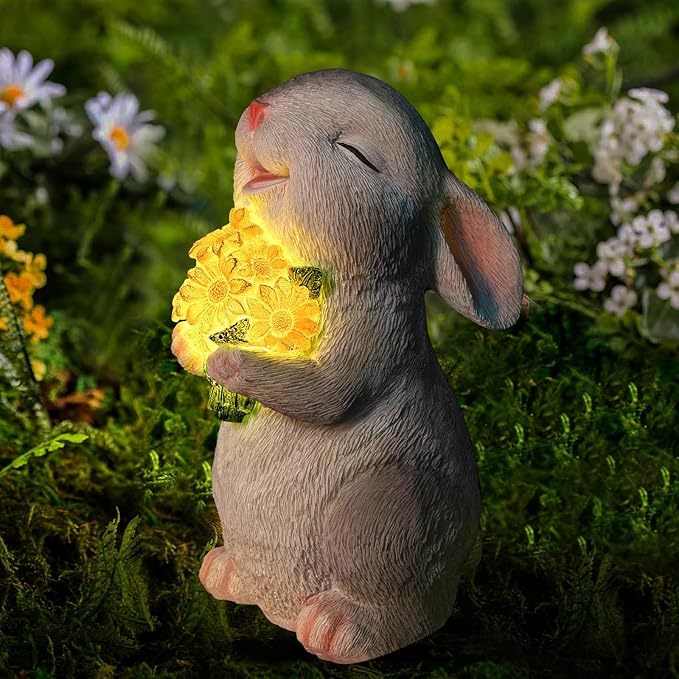 Solar Rabbit Garden Statues Outdoor Bunny Decor Resin Rabbit Figurine Holding Sunflower with LED Lights for Proch Patio Lawn Yard Christmas Housewarming Gardening Gifts for Mom Grandma