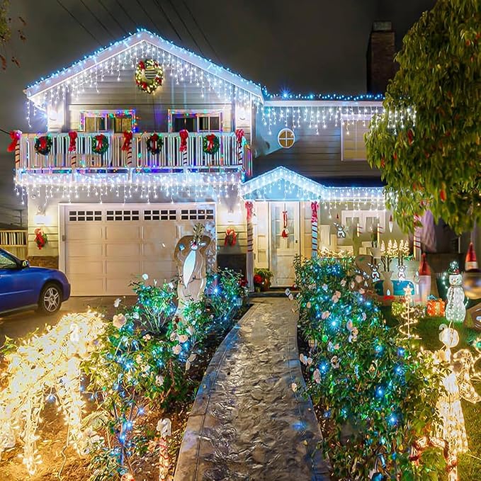99ft Icicle Lights for Outside, White Christmas Lights Outdoor Indoor, 1216 LED Twinkle String Light with 228 Drops Short Curtain Lights for Thanksgiving Room Home Wall Bedroom Window Tree Decorations